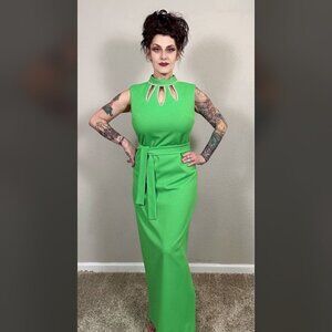 60s Bright Green Maxi Sheath Column Dress Rhinestone MCM Mod Rockabilly Pinup M